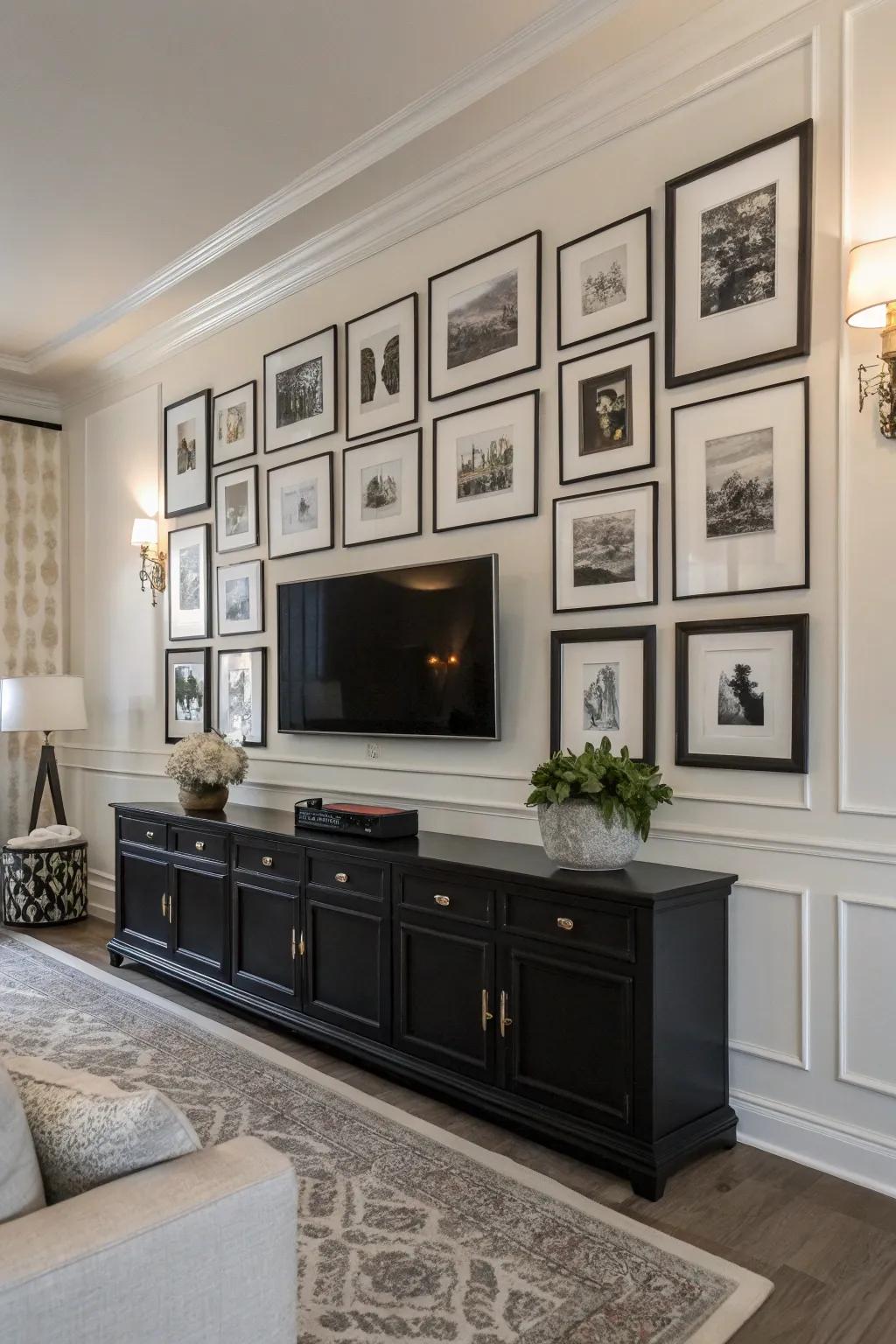 Exhibiting monochromatic elegance alongside a timeless artistic setting.