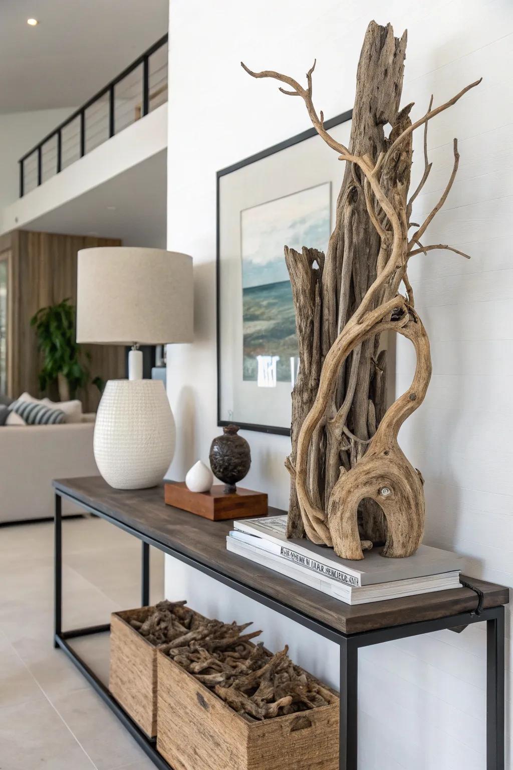 A distinctive branch and flotsam sculpture for residence décor.
