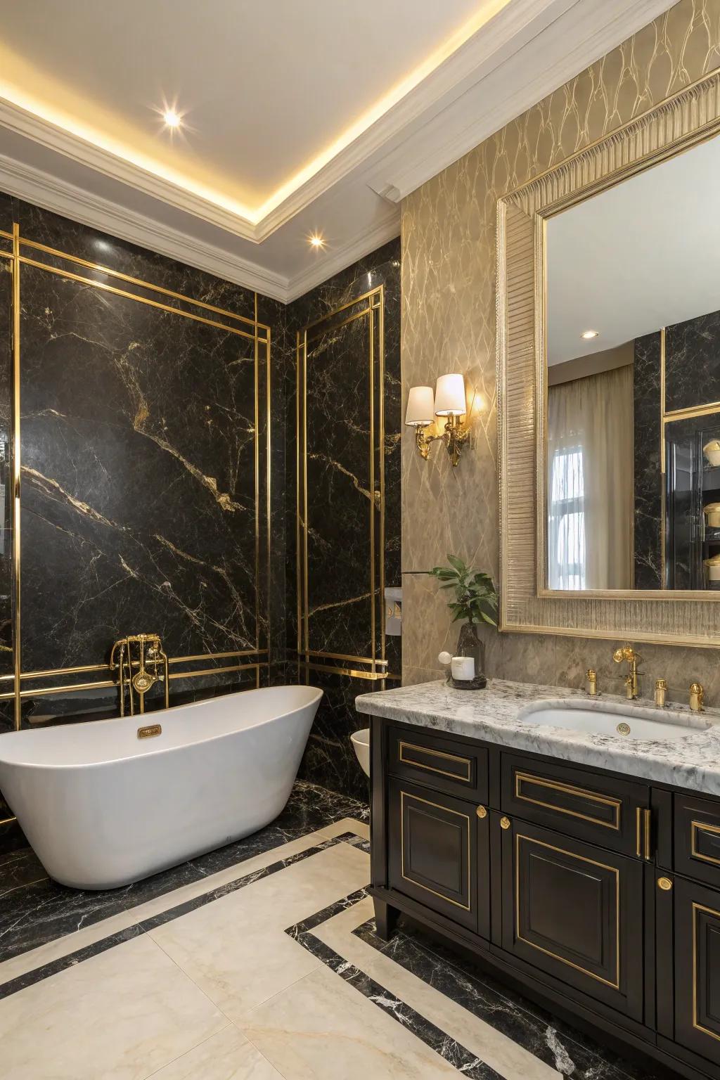 A unique black and gold two-tone wall scheme that increases a hint of charm.