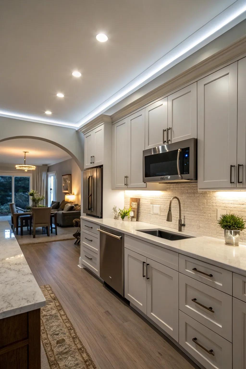 Smart-controlled lamps bring futuristic convenience to kitchen lighting.