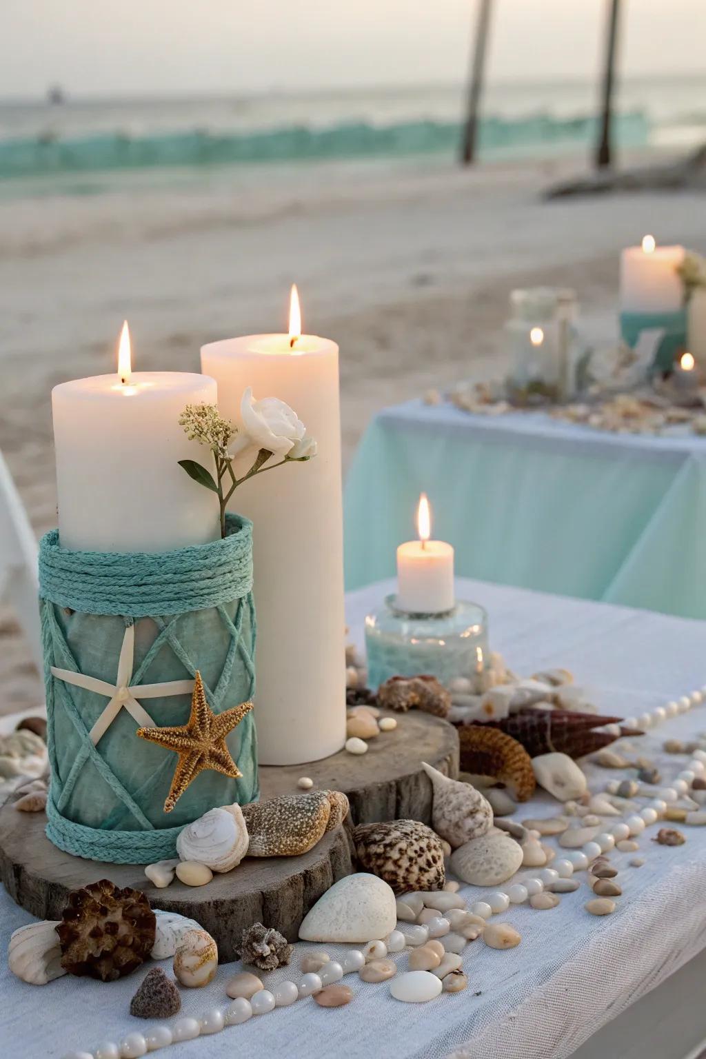 A seaside theme contributes a unified element to this unity candle platform.