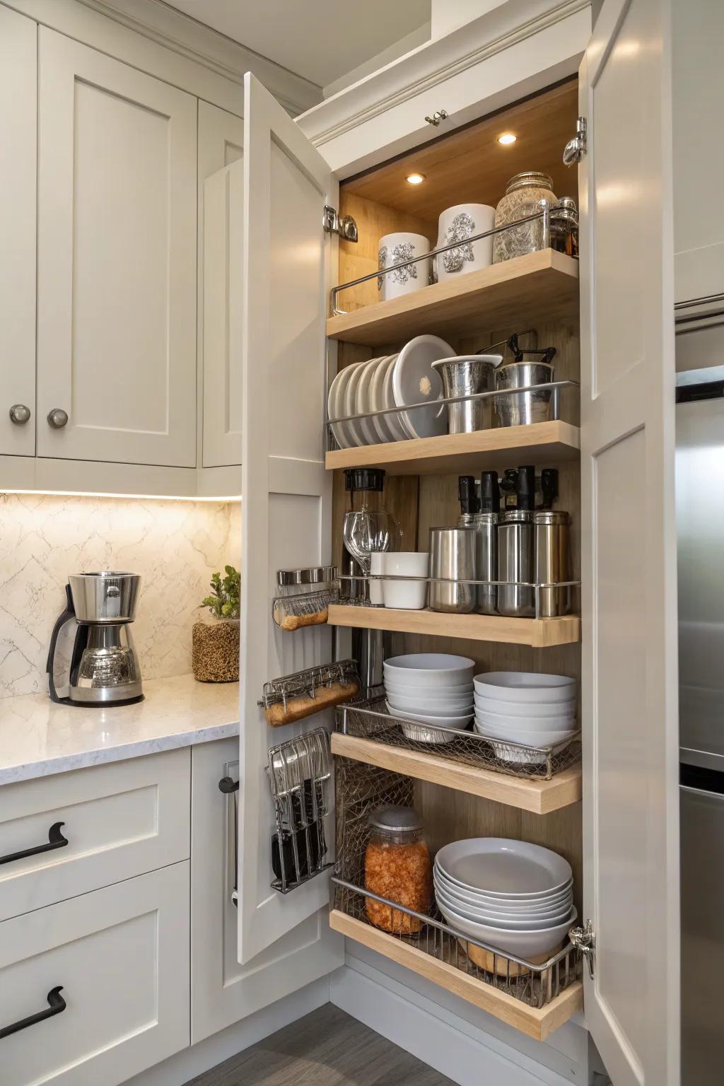 Pull-down shelving maximizes accessibility in corner cabinets.