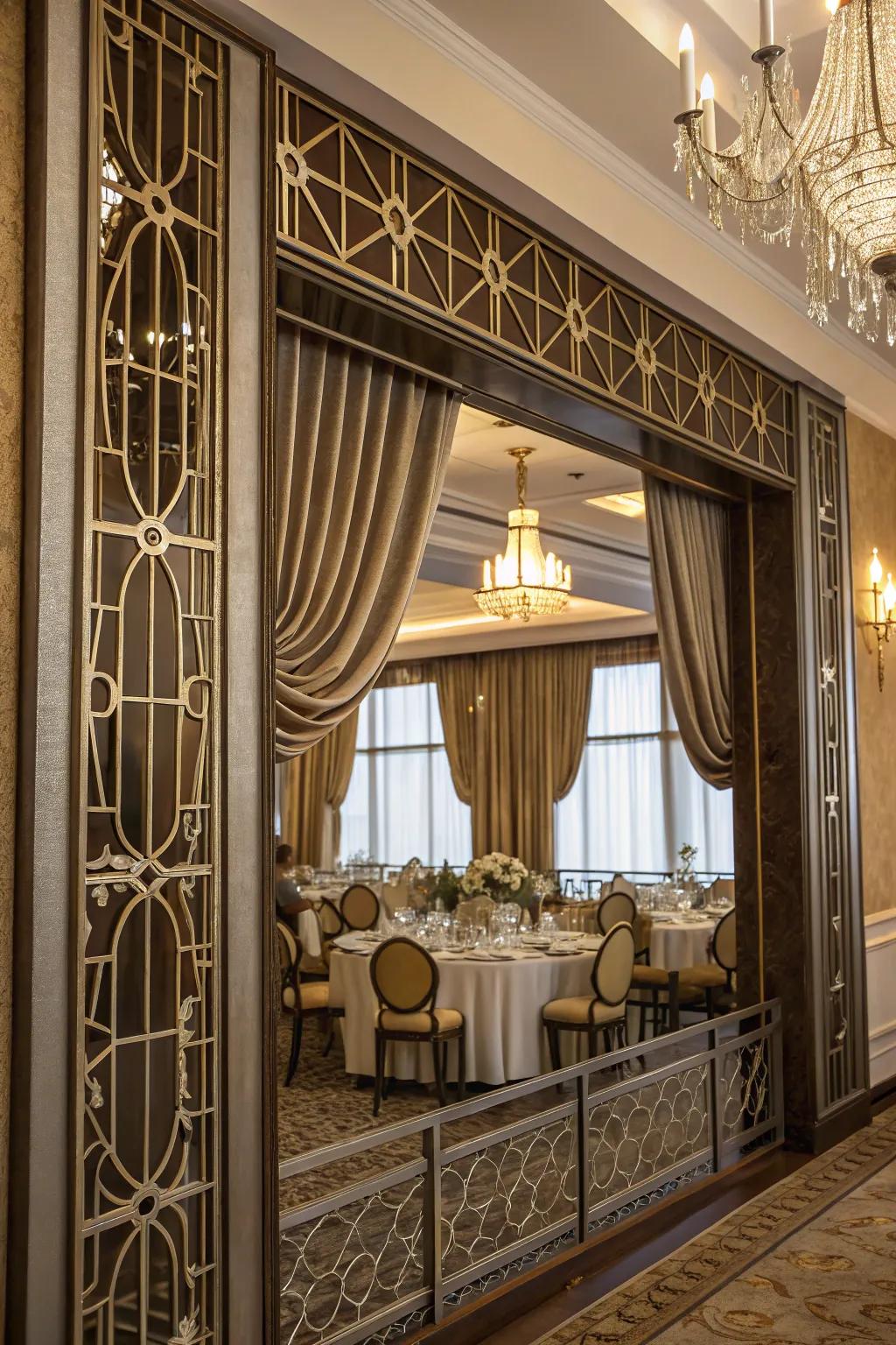 A window exhibiting an Art Deco-inspired valance within a glamorous dining room.