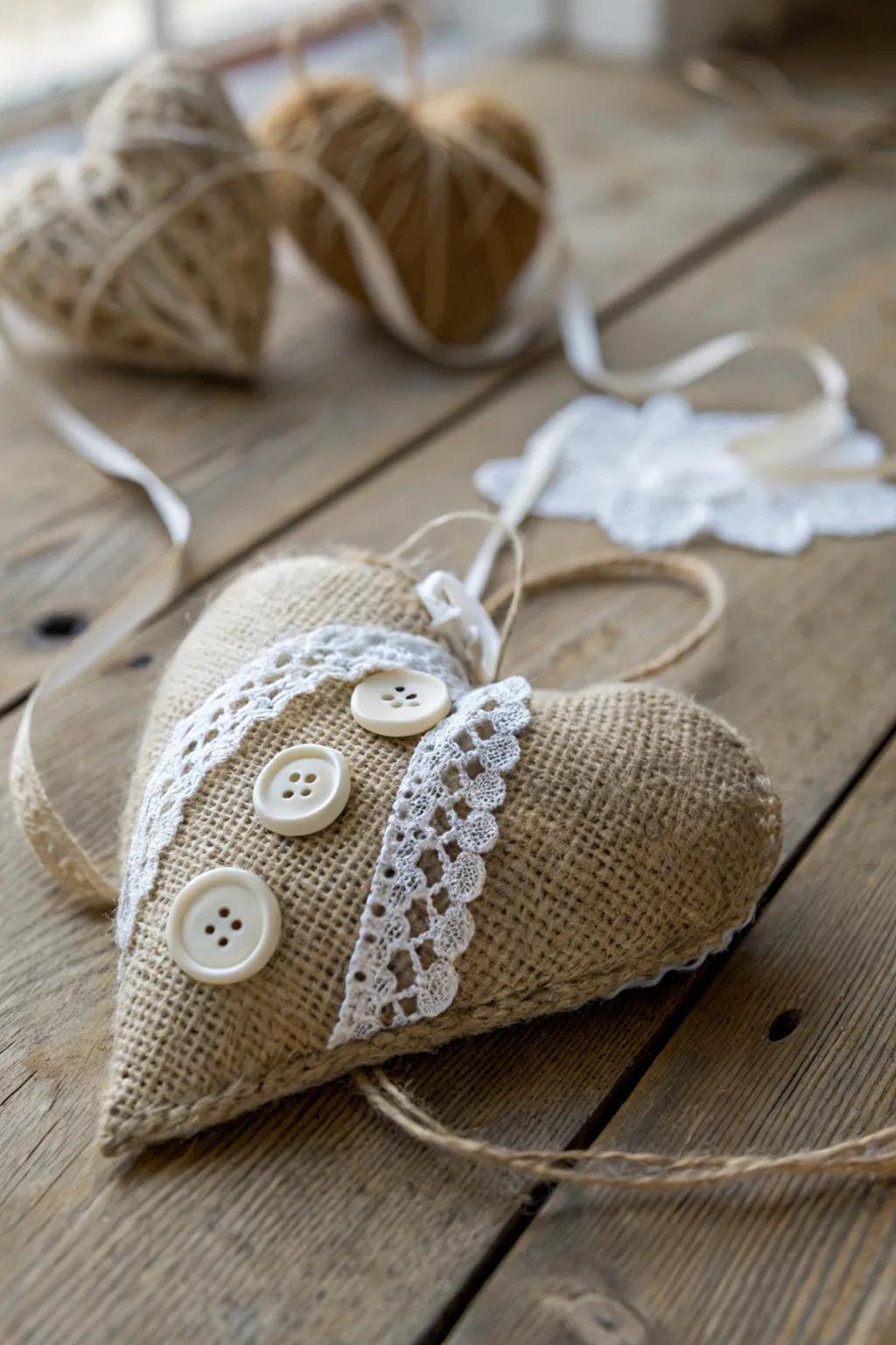 Craft your heart out: Rustic burlap hearts with a touch of lace and charm.