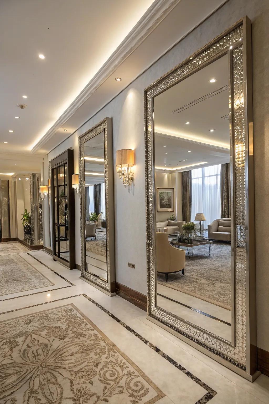Mirrors enhance the room by reflecting light and adding depth.