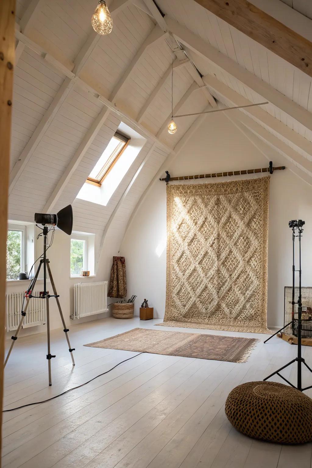 Studio featuring a vaulted ceiling and a weaved textile accent wall