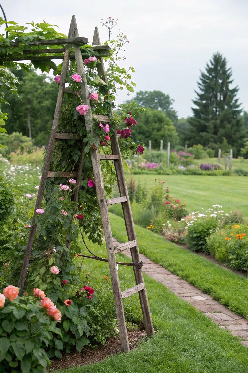 Ladders turned repurposed make distinctive garden trellises.