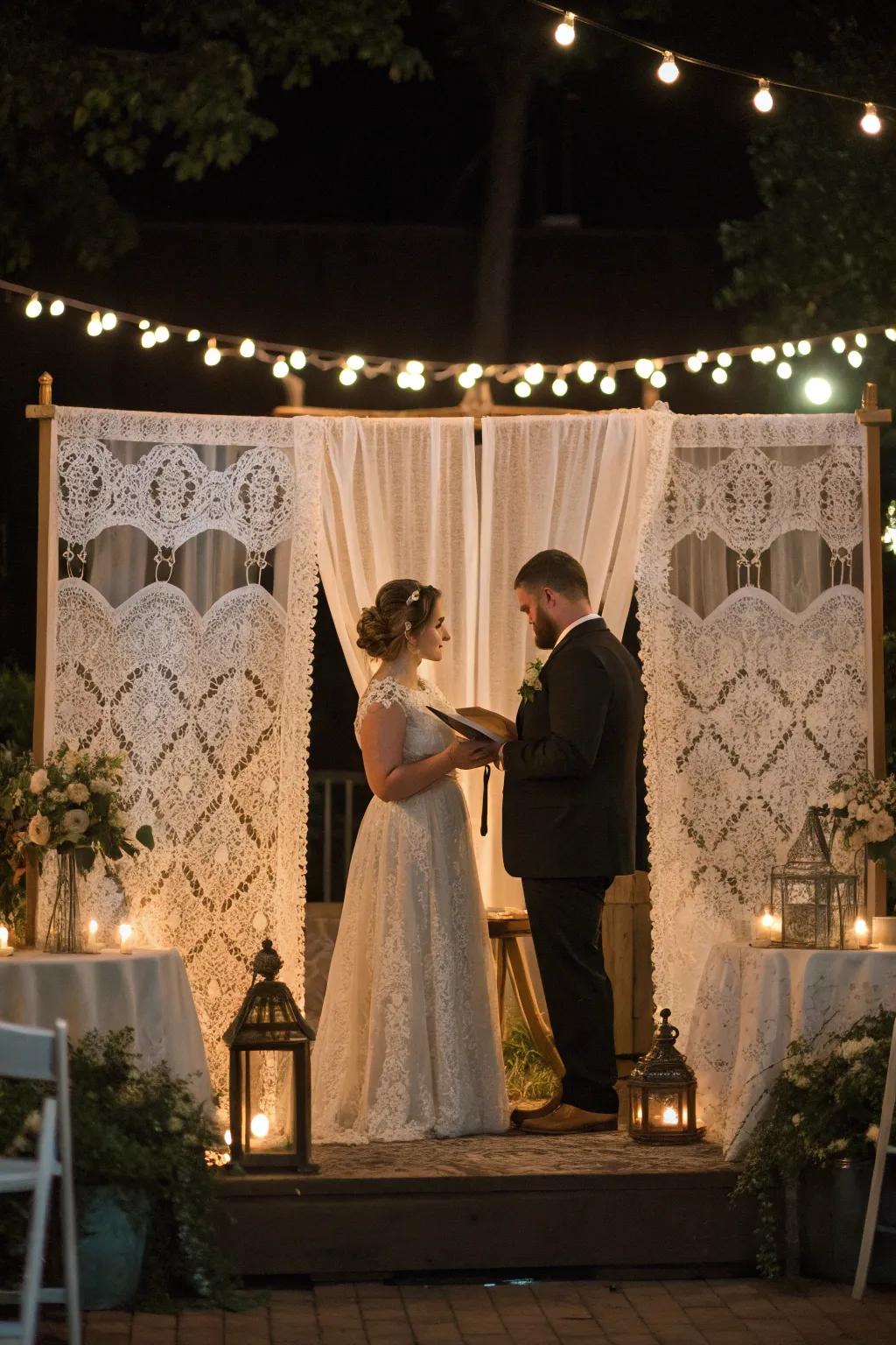 A dreamy net panel at a vintage wedding ceremony.