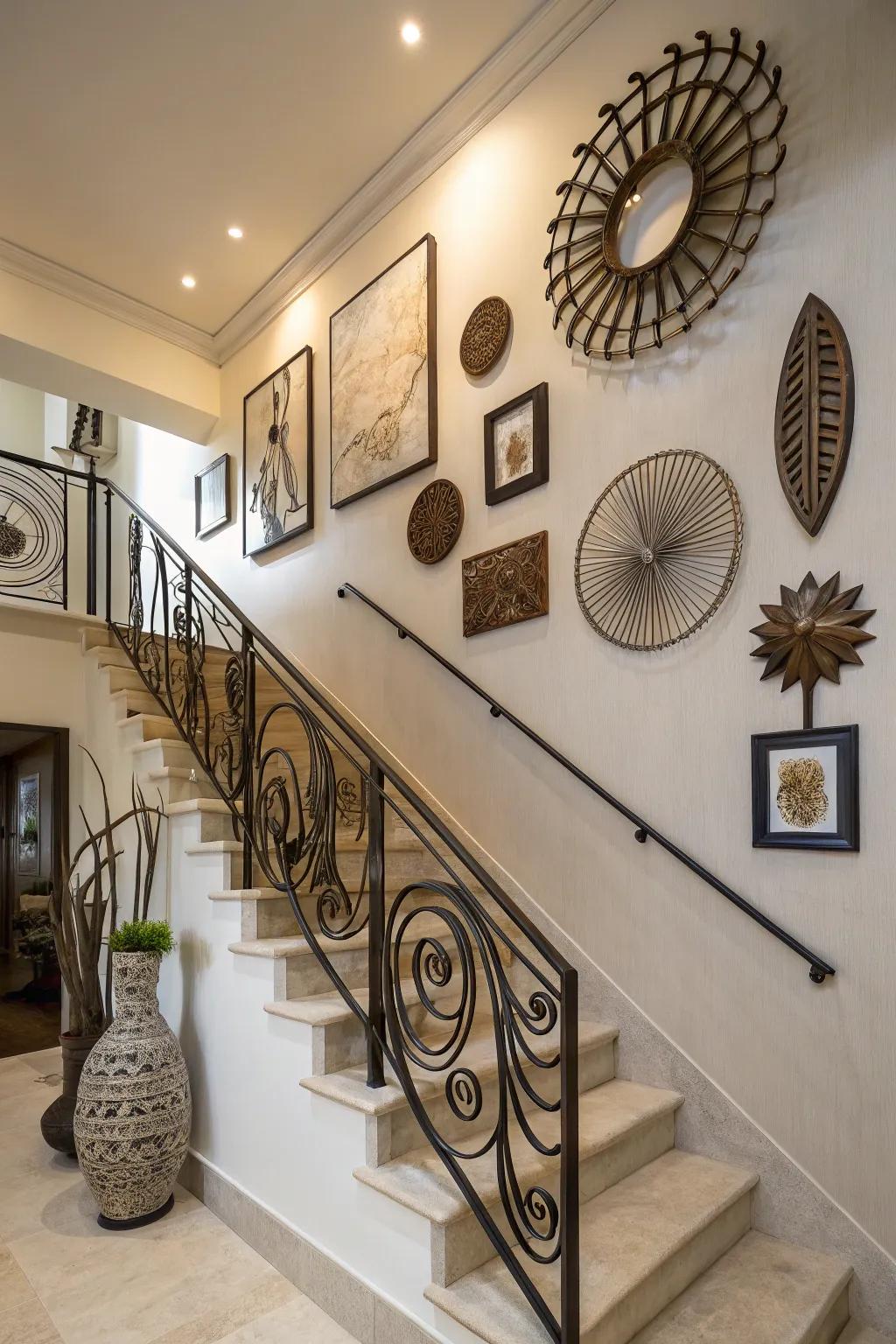 Metal accents possess the capacity to infuse an industrial nuance into your staircase wall.