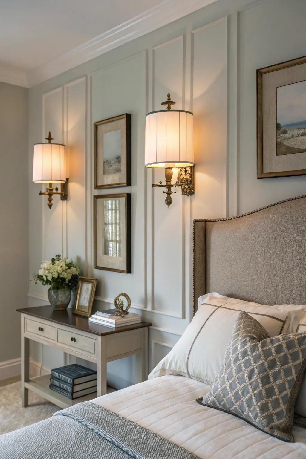 Wall lights enhance volume-conserving illumination and aesthetic.