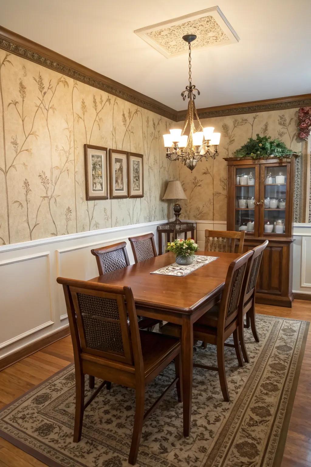 A dining space that garners structure through a simulated segment wallpaper border.