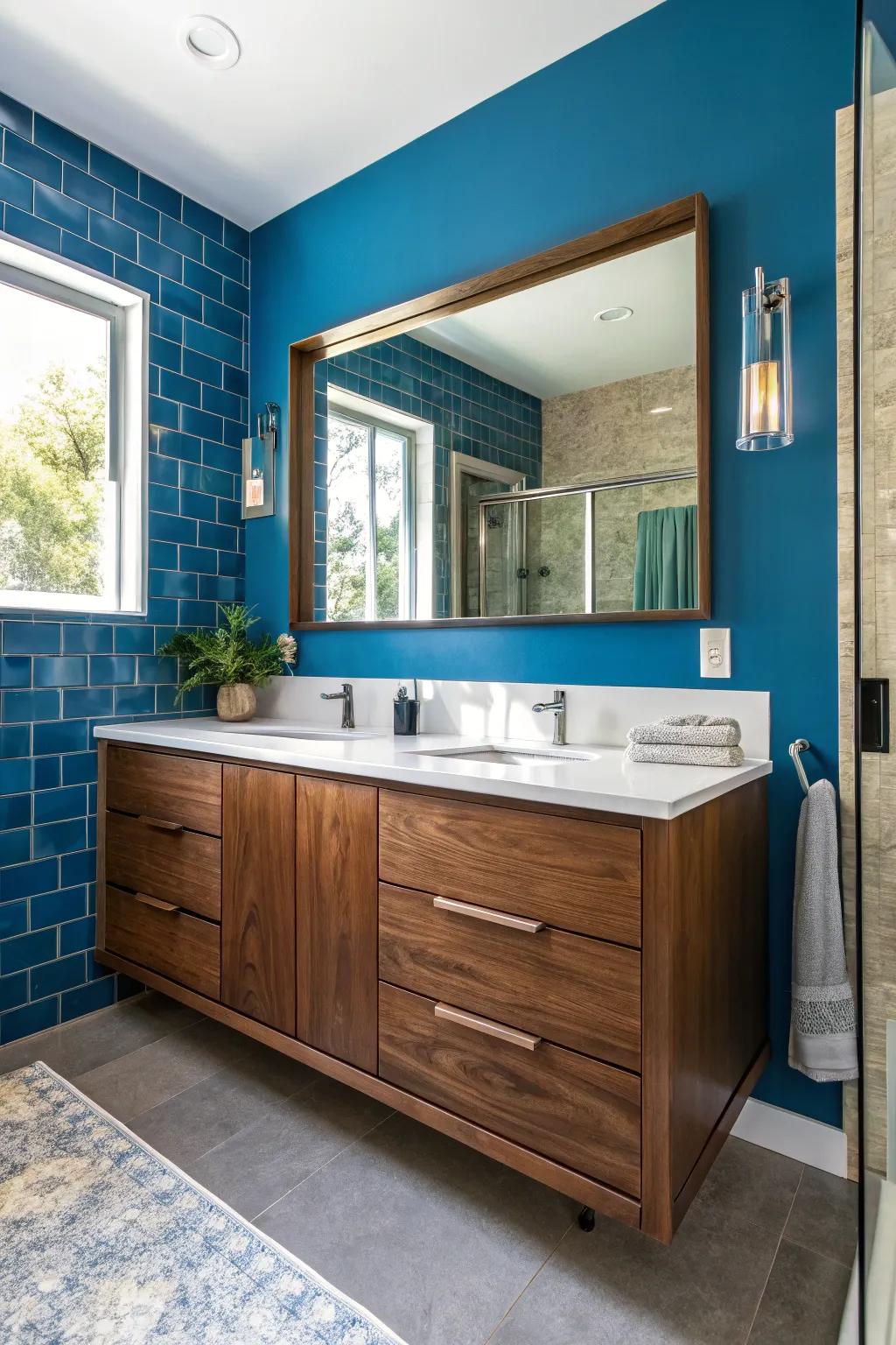 Evoke spectacle and elegance through bold wall shades against a walnut fixture.