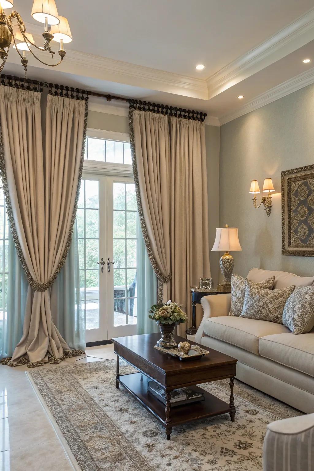 Full-length window coverings introduce elegance and height to a neutral living room.