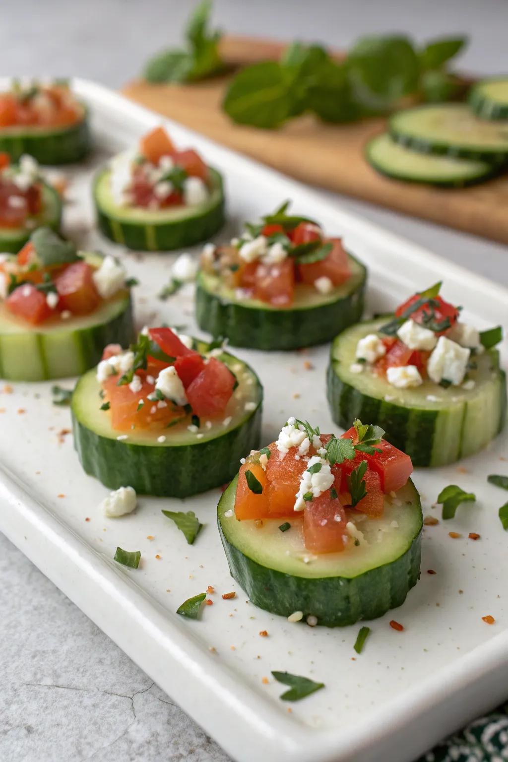Revitalizing segments of cucumber enhanced through the utilization of a medley of delectable reductions.