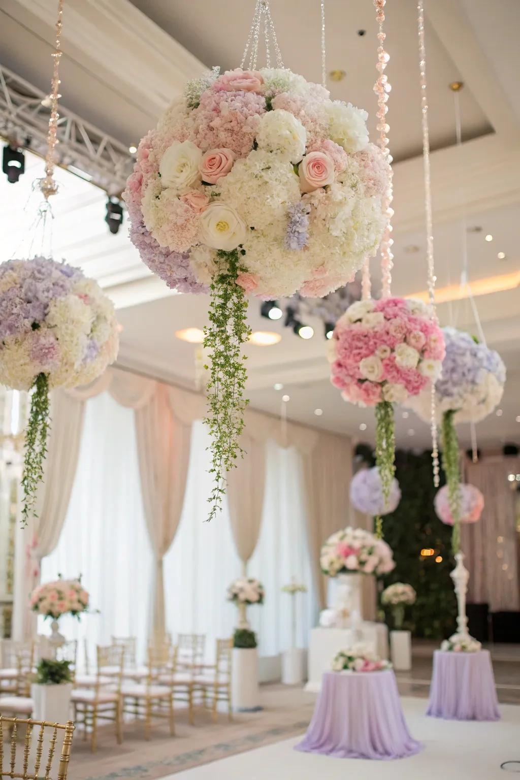 Suspended floral art, conjuring a magical and attention-commanding atmosphere for the wedding.