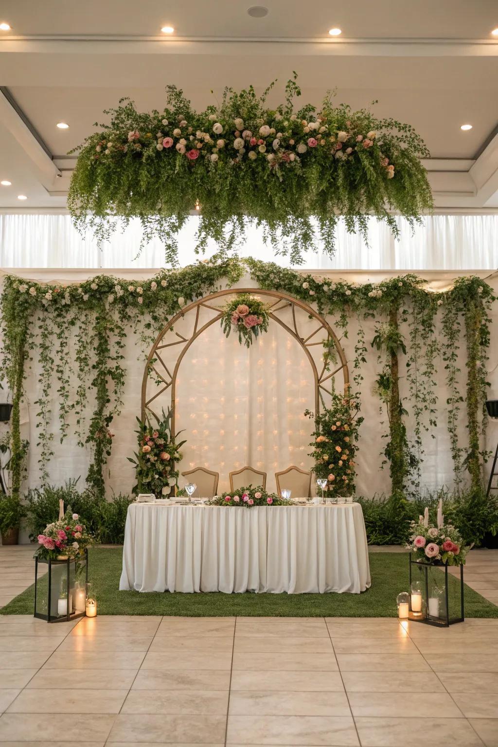 A nature-inspired backdrop enhancing the head table.