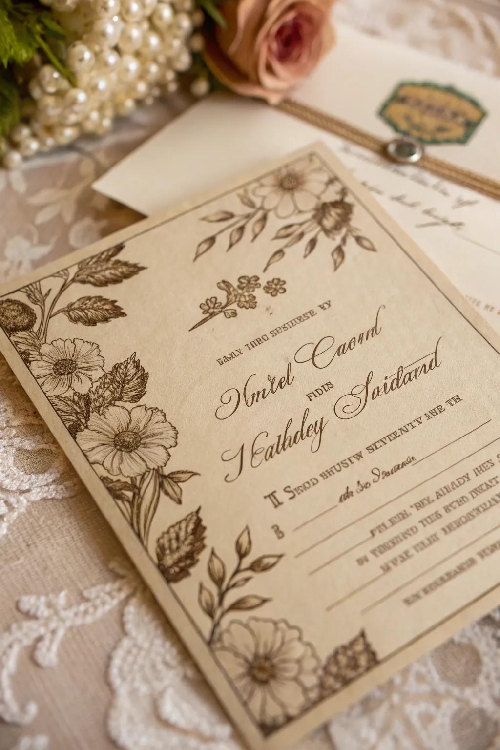 A postcard-style invitation featuring sepia tonalities.