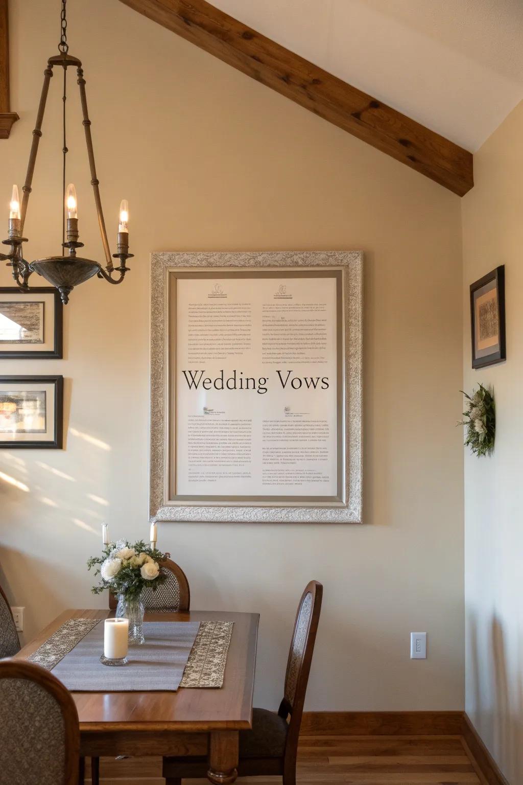 Modern suspended framework showcasing vows, injecting sophistication into a dining space.