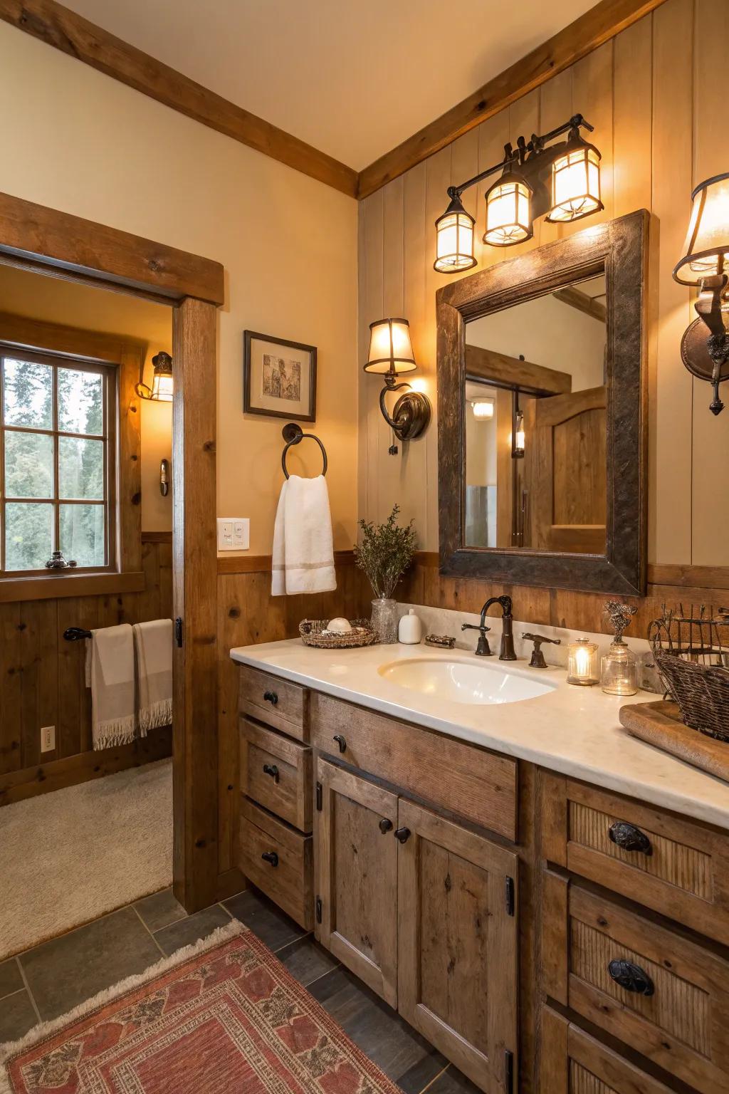 Farmhouse sconces add elegance to this Western bathroom.