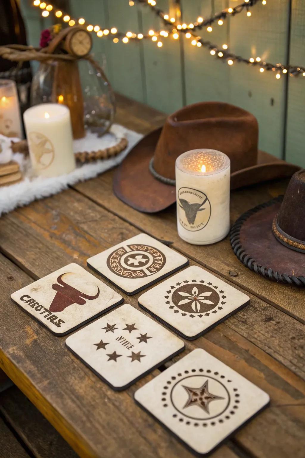Bespoke cattle insignia coasters contribute a tailored impression.
