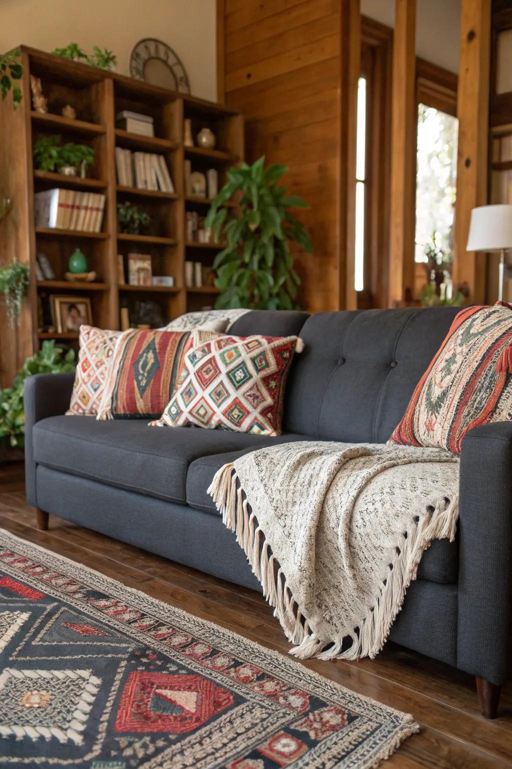 Roped pillows bring a boho-chic flair to the dark grey couch.