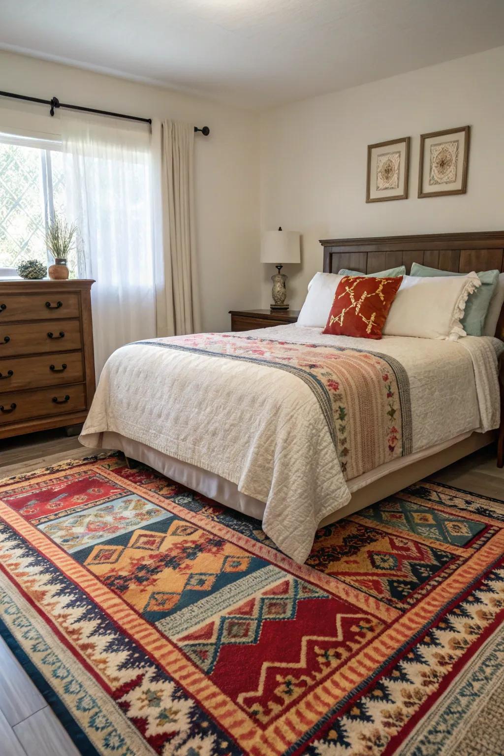 Daring edges on the floor covering delineate the space, appending structure and emphasis to the bedroom.
