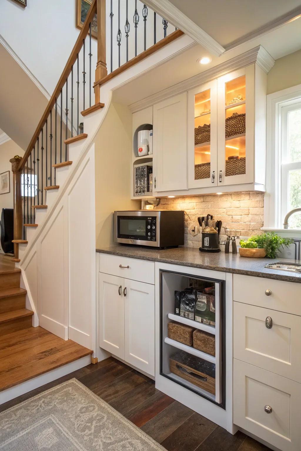A microwave uniquely situated under the stairs.