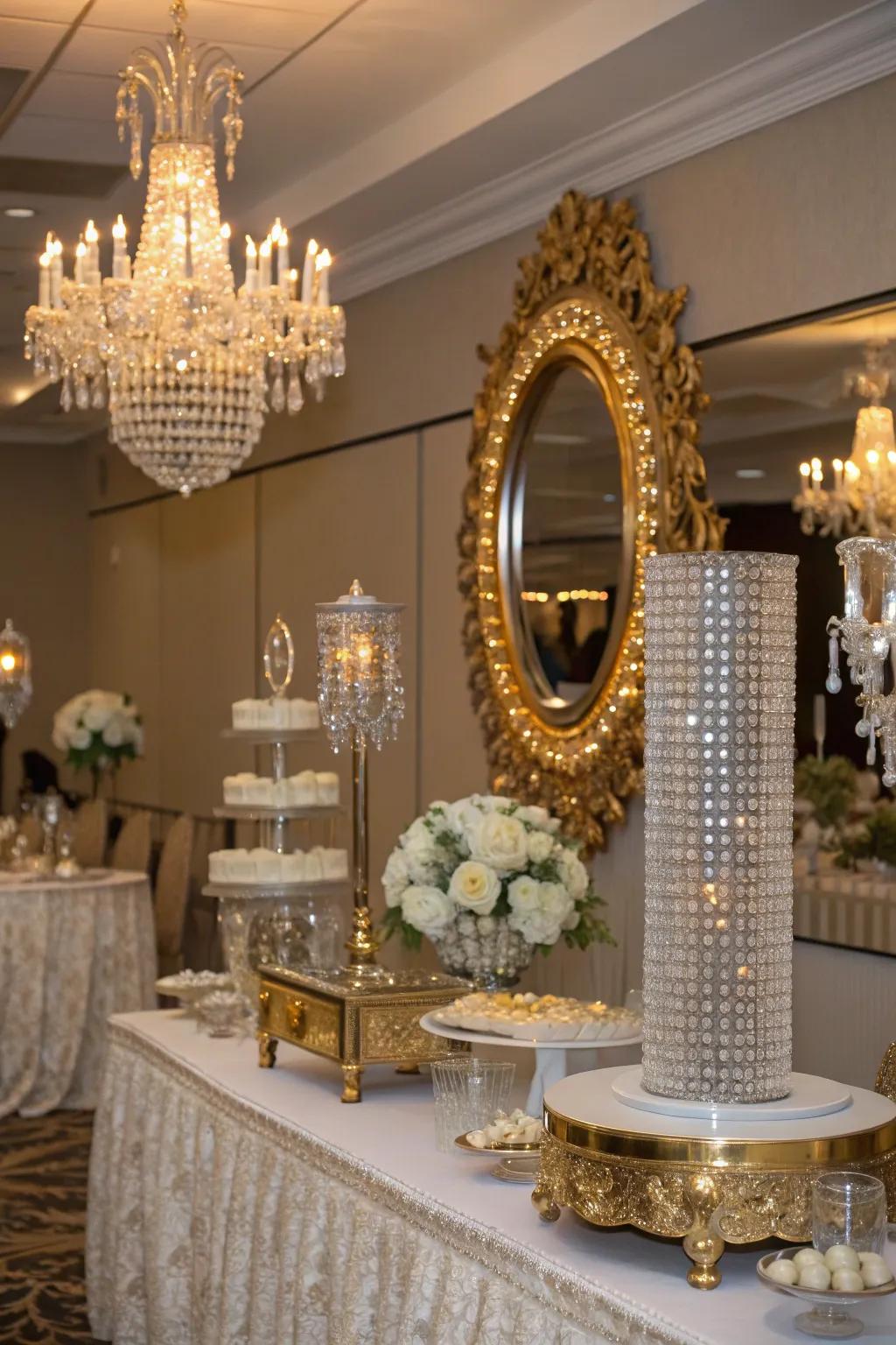 Glamorous reception aesthetic featuring crystalline and mirrored particulars.