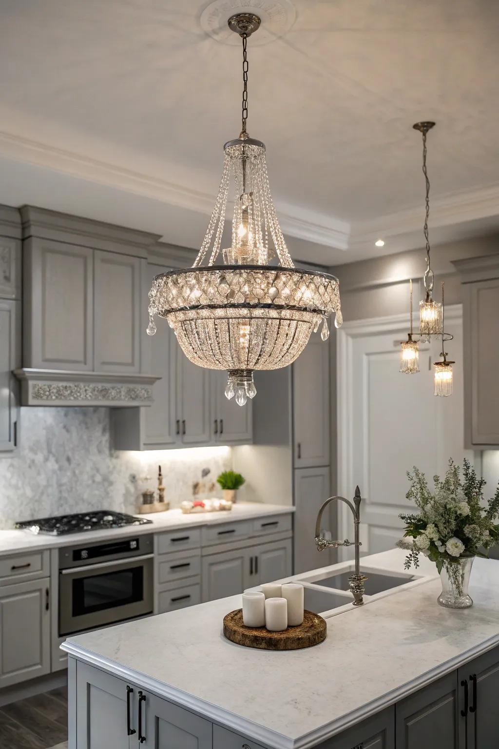 A chic chandelier adds luxury to the kitchen.