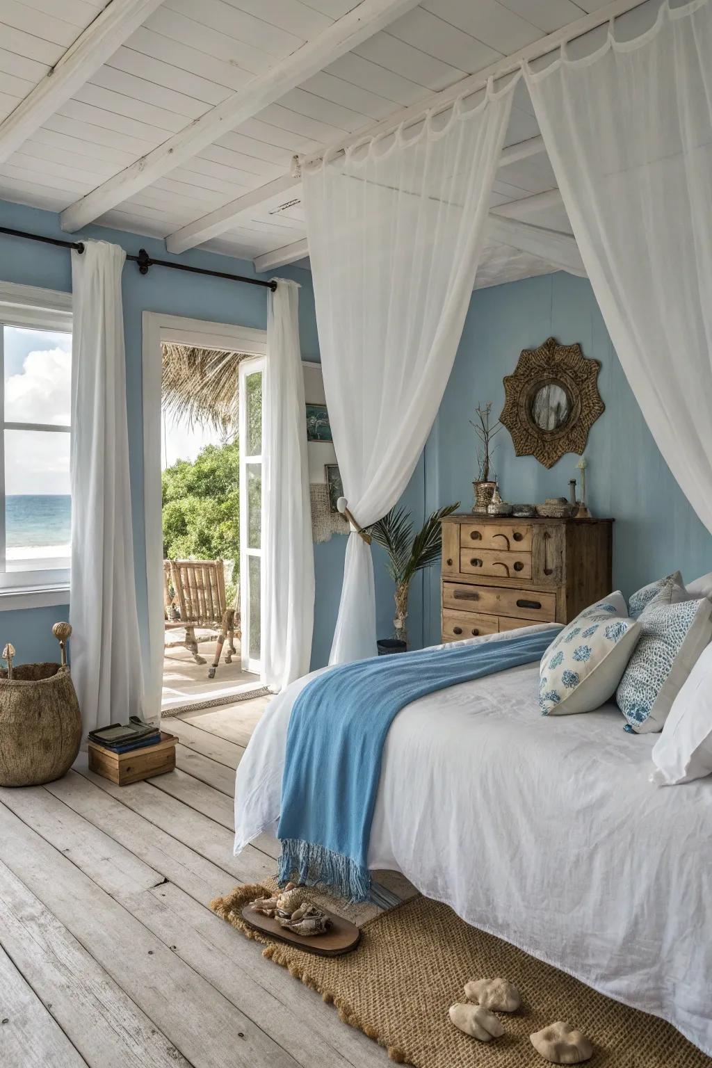 Ivory coverings enhance the coastal sensations in this serene bedroom.