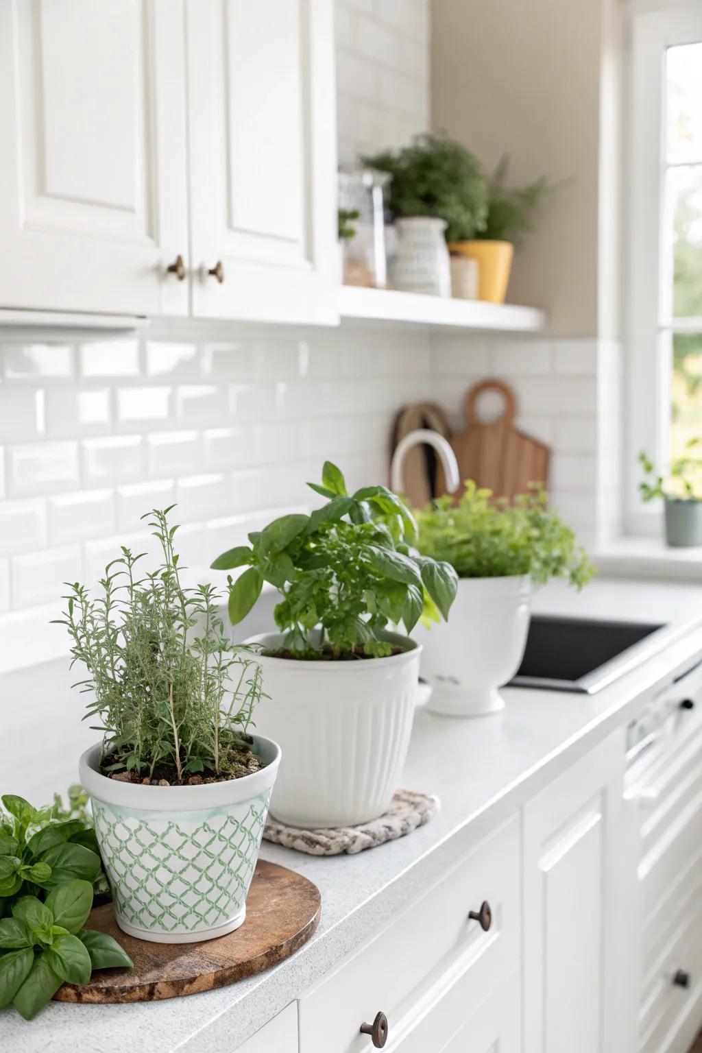 Greenery adds a fresh and lively touch to the white kitchen.