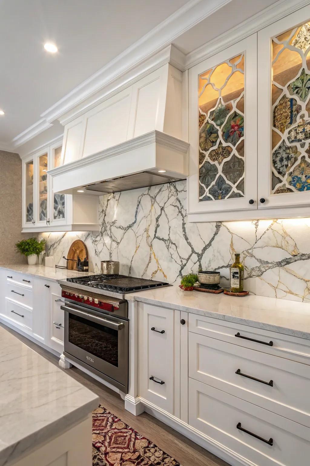 Dramatic quartz backsplash featuring daring veining for a standout design.