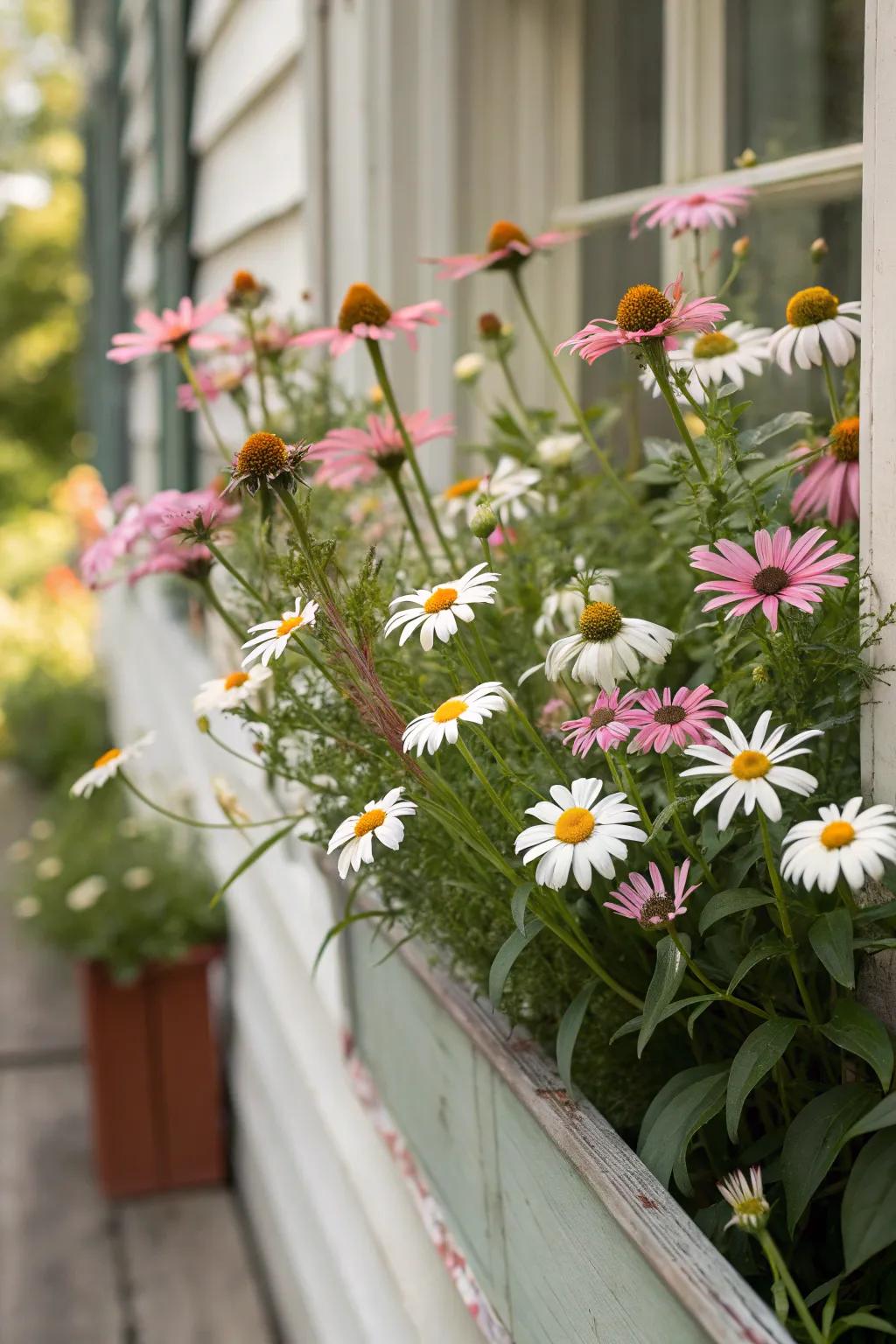 A carefree wildflower patch featuring daisies and coneflowers.