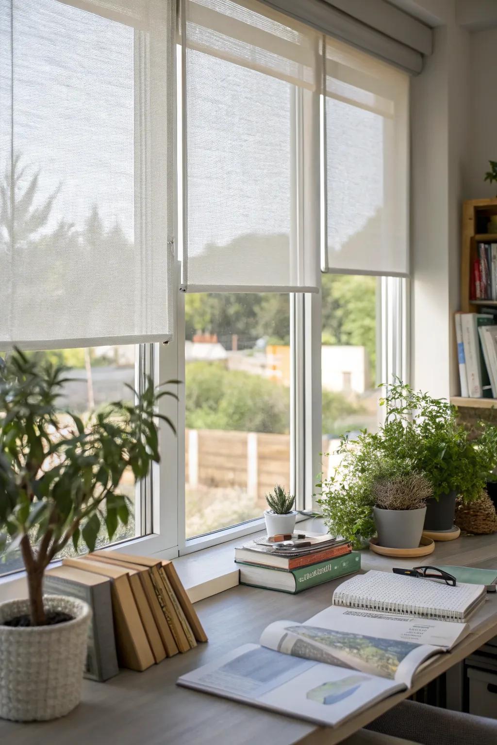 Sun-shielding window treatments shield interiors from glare while upholding the vista.
