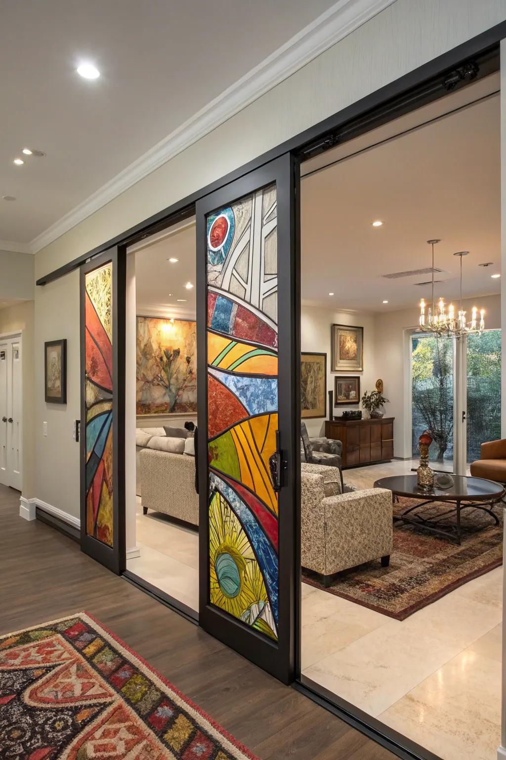 Bespoke artistic window panels transform doors into a gallery wall.