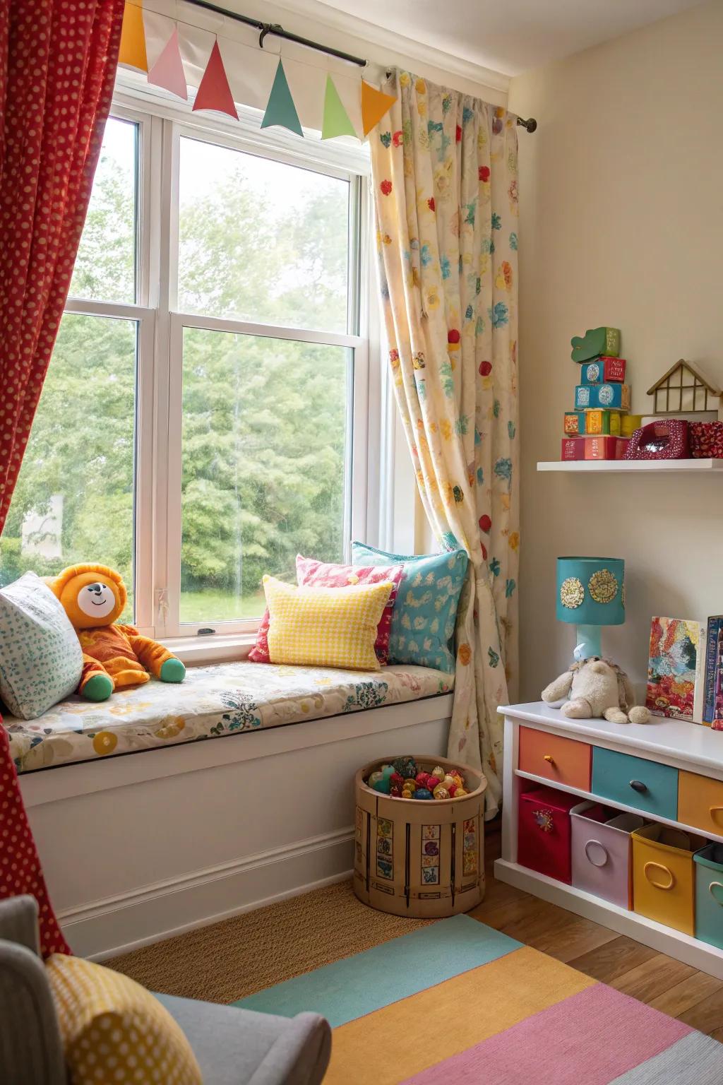 A fun and welcoming window seat for play and rest.