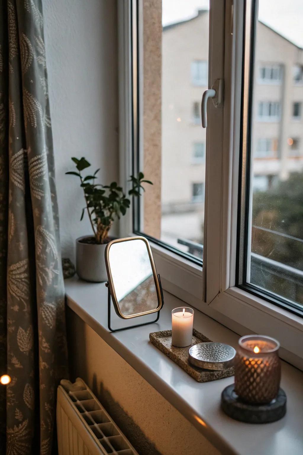 A small mirror upon the window sill appends perspective and reflects light.