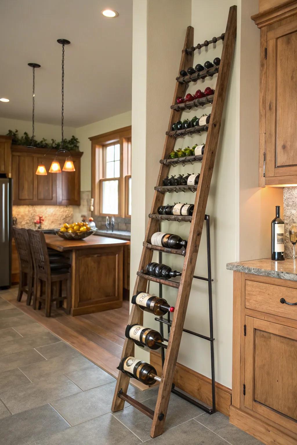 A ladder display introduces height and elegance to wine storage.