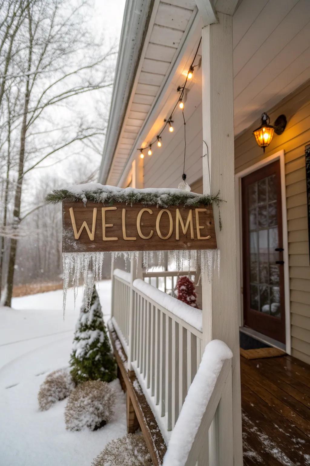 A seasonal welcome marker warmly greets visitors on this winter porch.