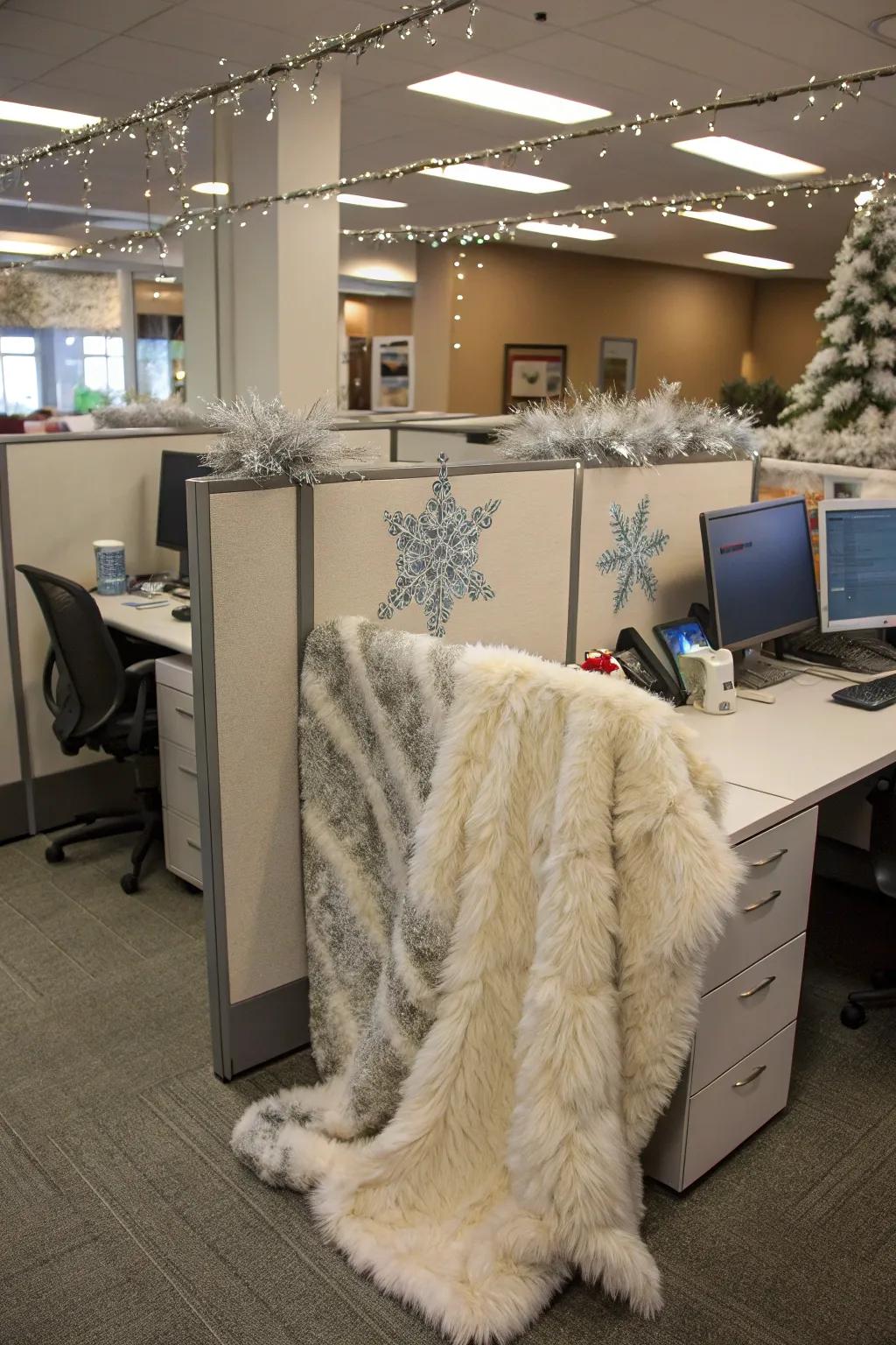 A winter-themed cubicle makeover includes an unexpected and delightful touch to individual workspaces.