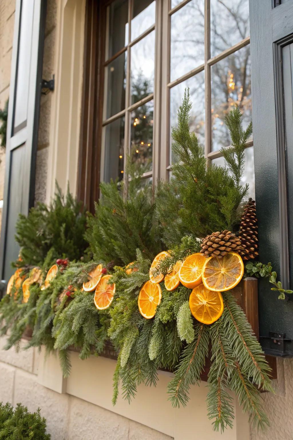 Dried citrus sections impart color and a fresh scent to this winter window box.