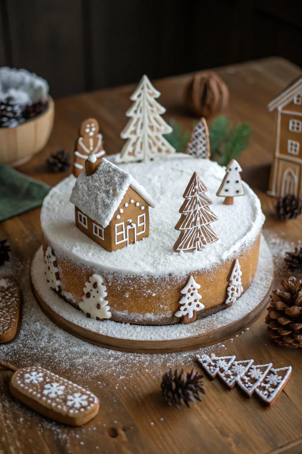 Spiced biscuit dwellings craft a charming wonderland atop this cake.