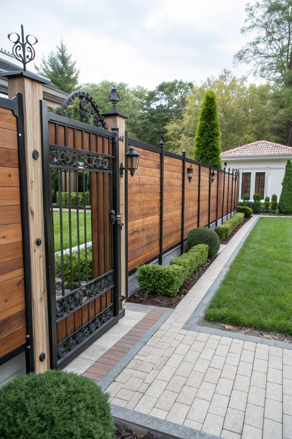 A bold, eye-catching fence featuring broad wood planks and metal details.
