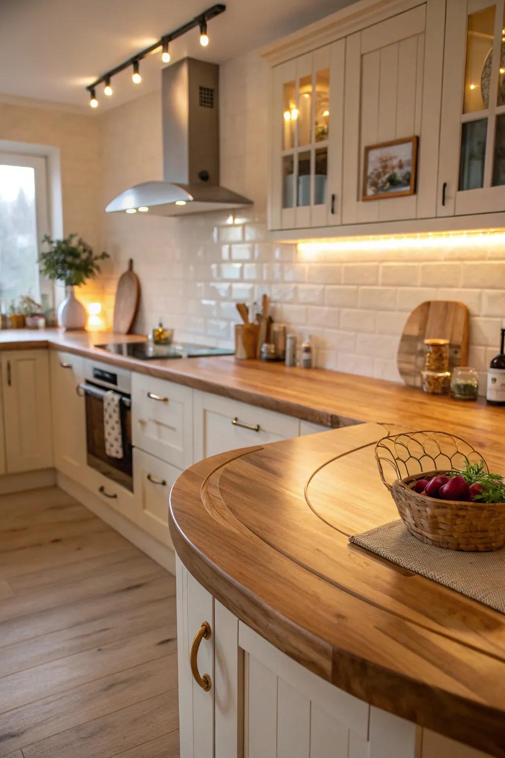 Rounded perimeters adding sophistication and fluidity to timber countertops.