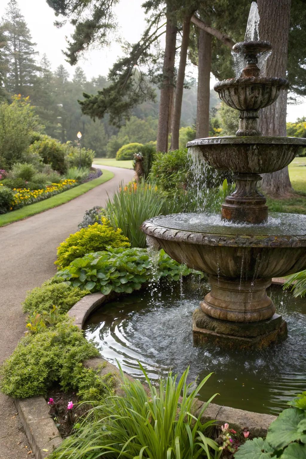 A layered bowl cascade enhancing elegance and playful water melodies to the garden.