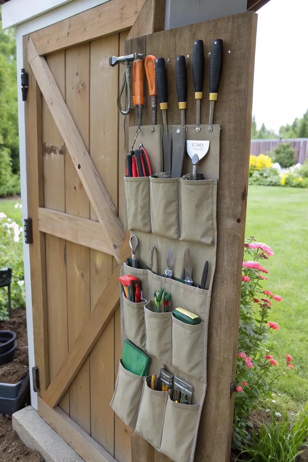 Innovative use of a shoe organizer for tool storage.
