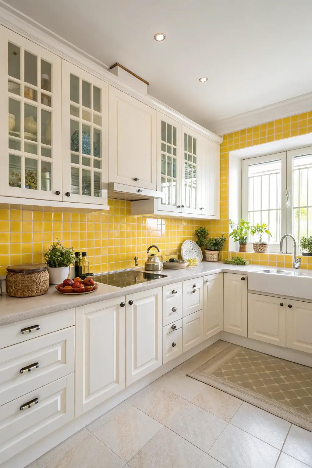 Ivory units harmonize the bright goldish backsplash.