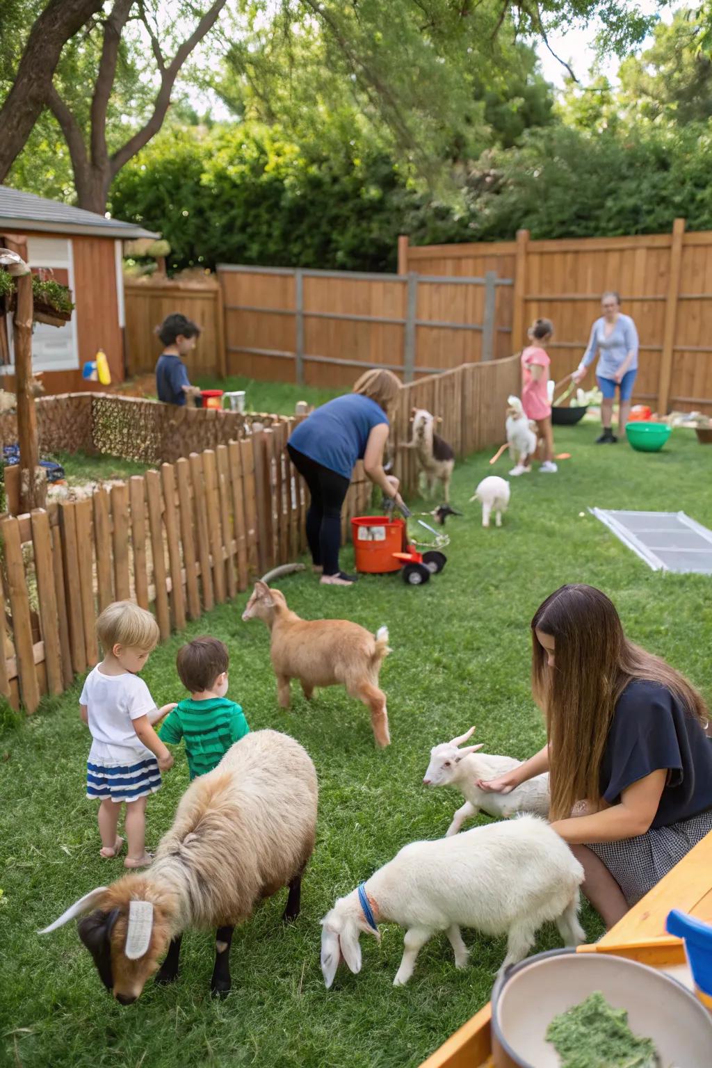 An endearing docile zoo configuration in the backyard with affable animals.