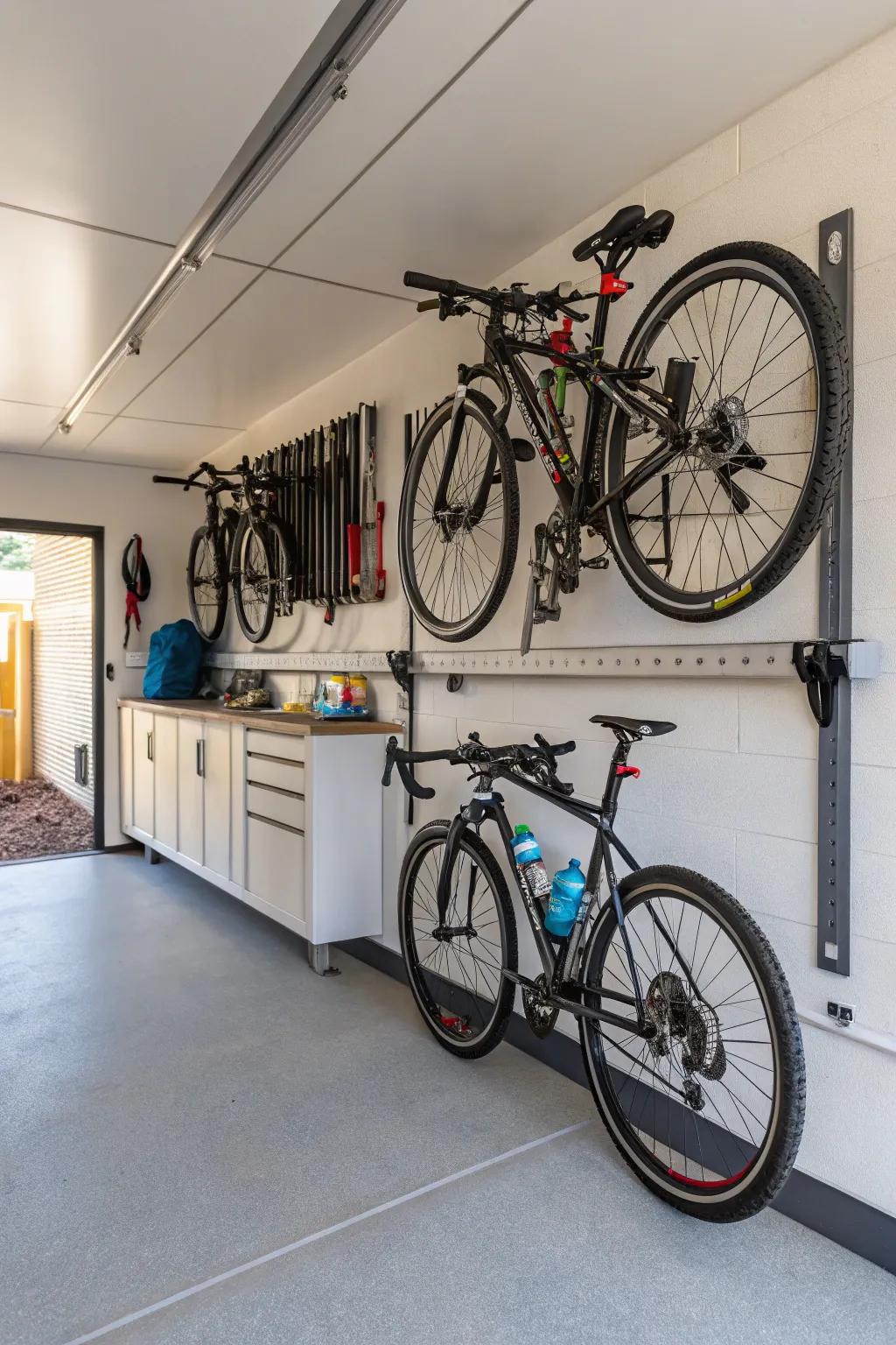 A bike mount keeps bikes arranged and reachable.