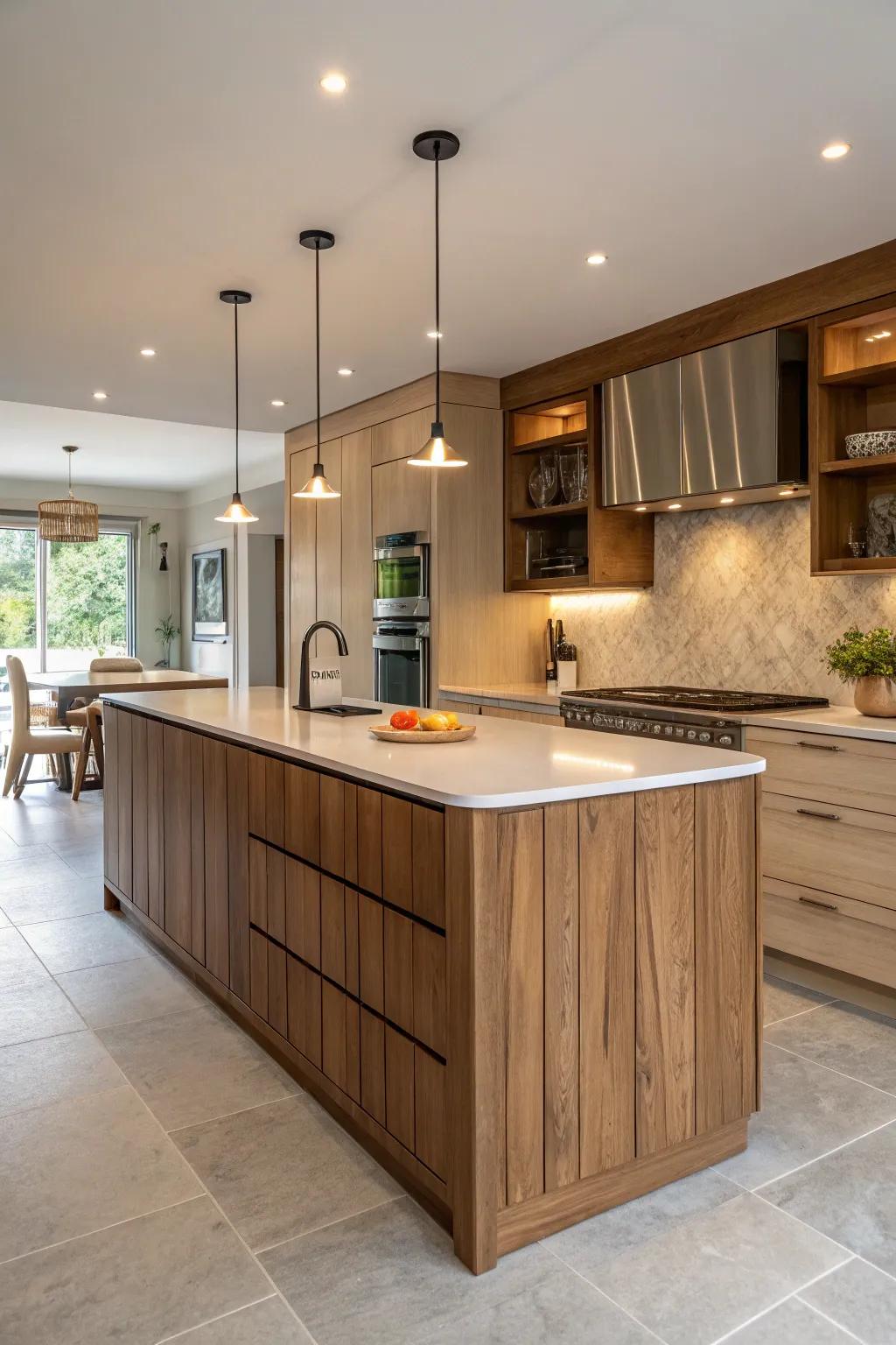 Eco-friendly materials enrich the kitchen with natural sophistication and sustainability.